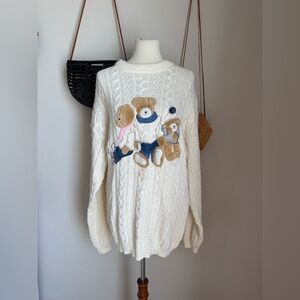 Vintage Together Wool Bear Embroidered Cream Knit Sweater, Size Large